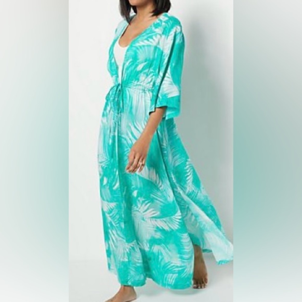 Jantzen 3/4 Sleeve Woven Maxi Duster Cover Up Teal Palm Size M NWT